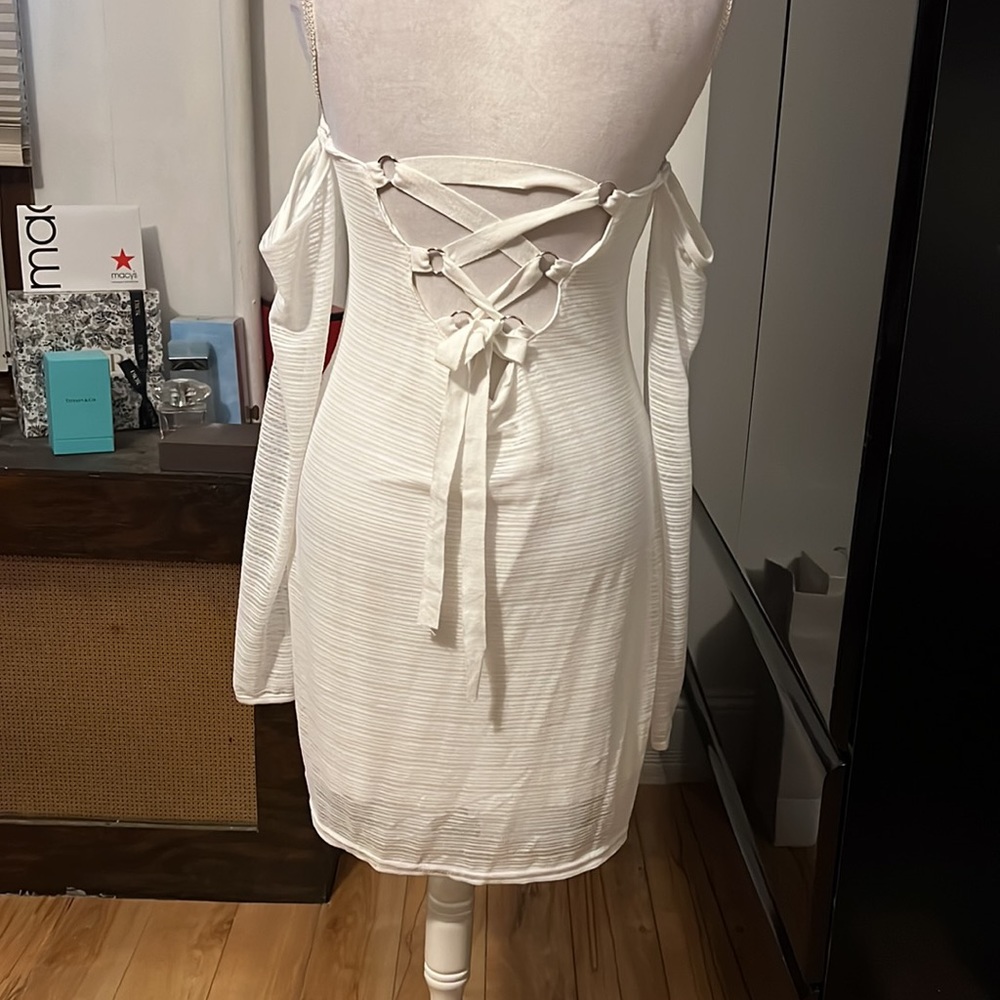 White dress with white sheer overlay off the shoulders with sheer long sleeves - Picture 4 of 4